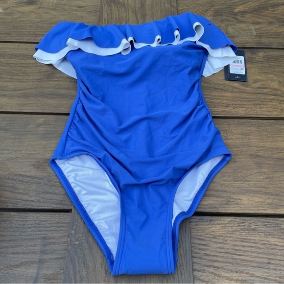 Tommy Hilfiger Flounce ruffle shoulder bathing suit one piece blue tummy 10 - Picture 2 of 10